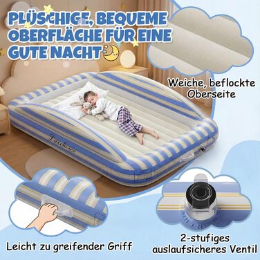 Дорожнє ліжечко/дитяче ліжко з електричним повітряним насосом - Надувне дитяче ліжко з піднятими захисними бортиками, м&39якою флокованою поверхнею, портативне для подорожей, ночівлі та домашнього використання (1 особа)