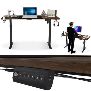 Електричний стіл UISEBRT з регульованою висотою, регульований комп&39ютерний стоячий стіл із портом зарядки Type-C, функцією пам&39яті, підсклянником, гачком для навушників для офісу (вінтажний коричневий, 160 x 60 см) Вінтажний коричневий 160 x 60 см