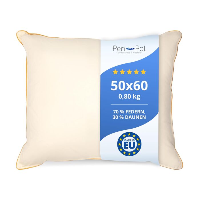 Пухова подушка pen pol 50x60 см 800 г Подушка для сну 70 пір&39я та 30 пуху Натуральний наповнювач Чохол для подушки 100 бавовна Дихаюча та стабільна за розміром М&39яка подушка Зроблено в ЄС Екрю 50 x 60 см