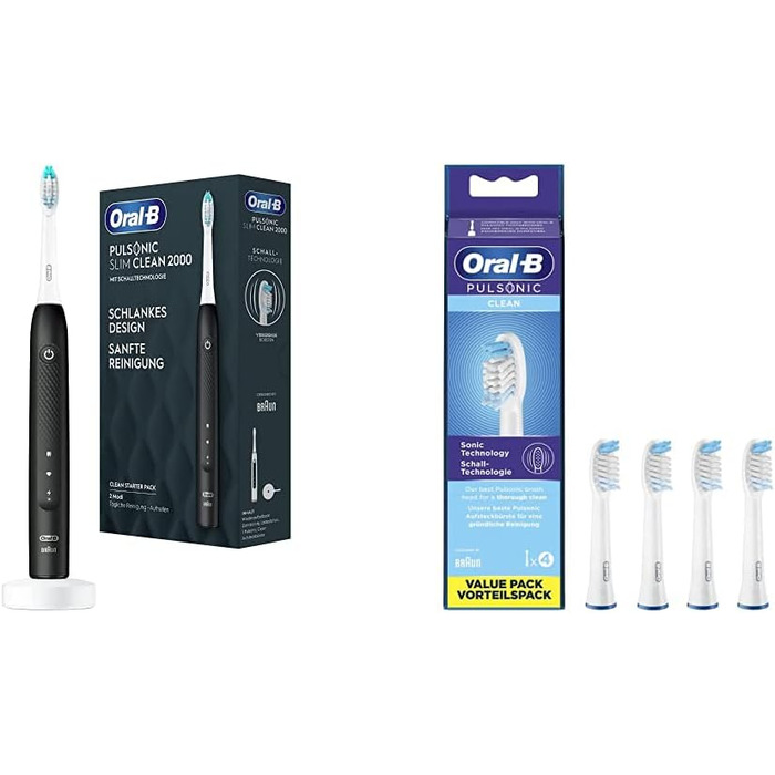 Електрична зубна щітка Oral-B Pulsonic Slim Clean 2000 для дбайливого чищення, 2 програми чищення, щітки Black & Oral-B Pulsonic Clean для звукових зубних щіток, 4 шт. и в комплекті зі щітками