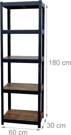 Міцний стелаж Relaxdays, ВШХ 180x60x30 см, 500 кг, 5 полиць, індустріальний стиль, полиця для зберігання в підвалі, вставного типу, чорний/коричневий