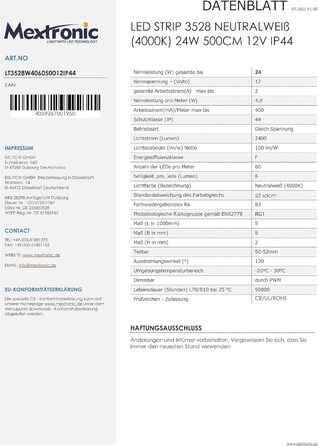 Світлодіодна стрічка Mextronic 3528, нейтральний білий (4000K), 24W, 500 см, 12V, IP44