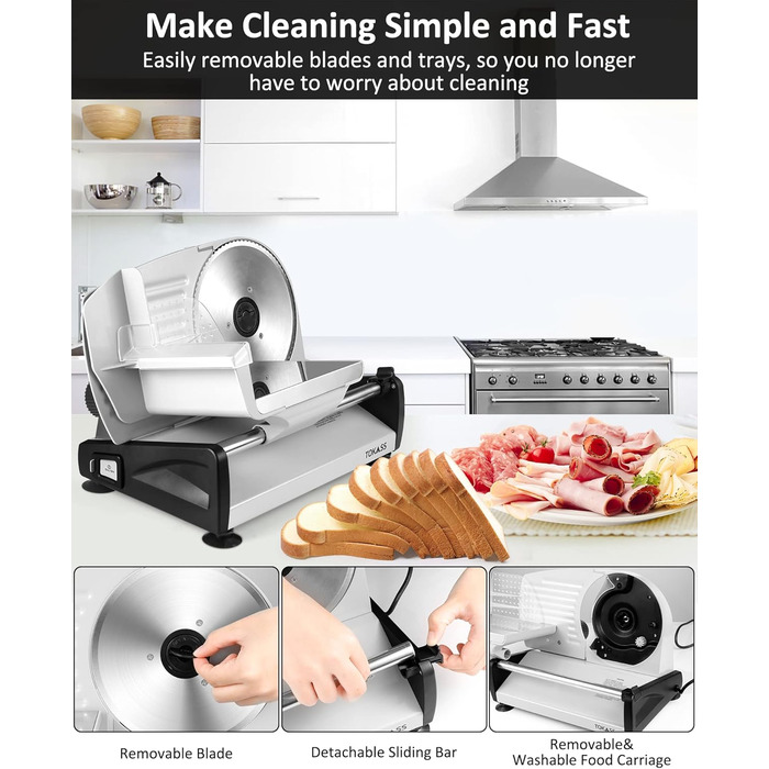 Електричний нарізувач їжі потужністю 200 Вт з нержавіючої сталі - регульований кухонний комбайн від 0 до 15 мм - 2 леза - Слайсер для ковбаси - Нарізка для хліба, Шинка, електричний ніж М'ясо та сир 2 леза срібло 200 Вт Потужність