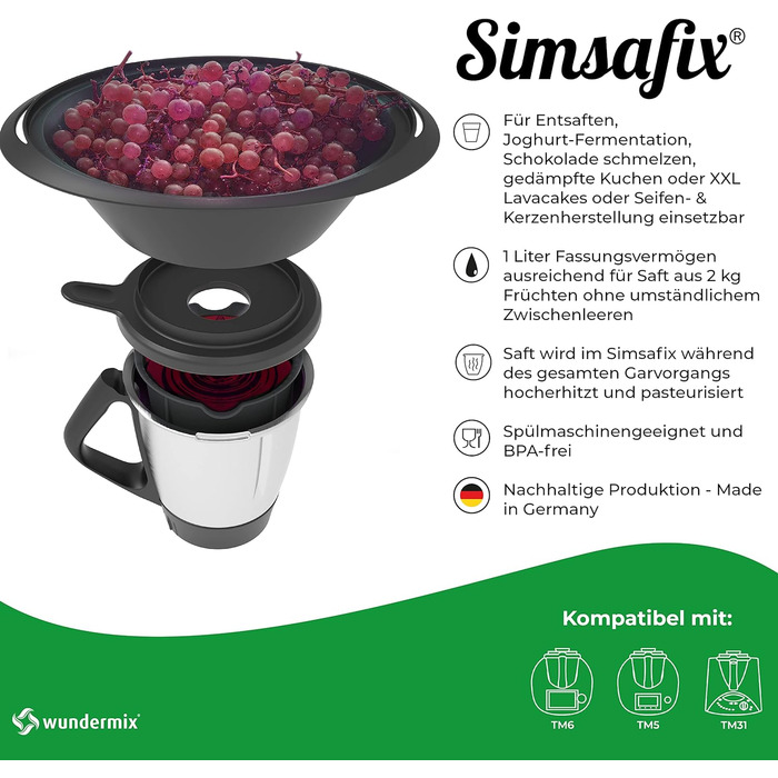 Парова соковижималка Simsafix для Thermomix TM6, TM5, TM31 & TM Friend Соковижималка для Thermomix Універсальні можливості застосування Зроблено в Німеччині