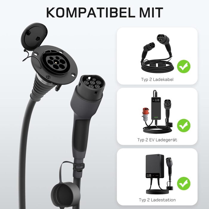 Подовжувач типу 2 10 м, 11 кВт, 16 А 3-фазний зарядний кабель 400 В, клас захисту IP54, сумісний з усіма електромобілями та високопродуктивними електромобілями стандарту IEC62196-2, з футляром для перенесення 11 кВт 10 м