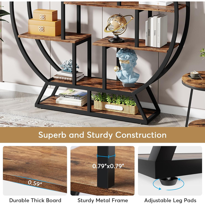 Кругла книжкова полиця Tribesigns, промислова 5-ярусна книжкова полиця, висота 160 см, рустикальна відкрита полиця, органайзер, полиця для дому, офісу, вітальні, рустикальний коричневий колір