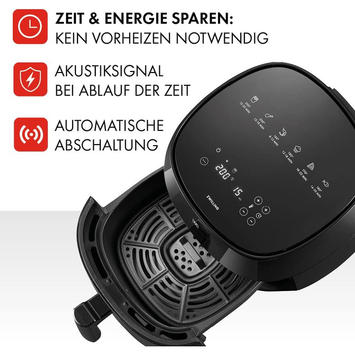Аерофритюрниця ZWILLING / Фритюрниця з гарячим повітрям, 4 л, 6 програм, 1 400 Вт, смаження у фритюрі, приготування та випічка без жиру, включаючи книгу рецептів, чорна