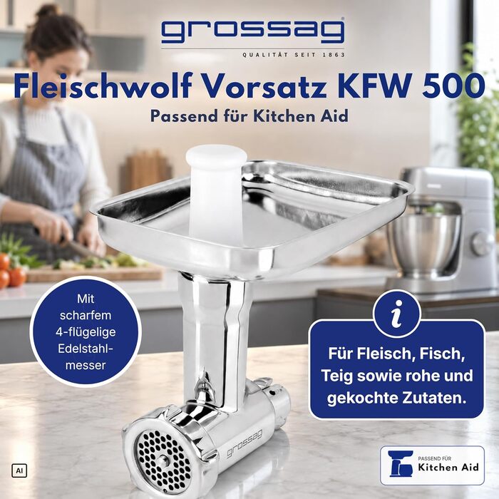 Насадка-м'ясорубка grossag для KitchenAid з нержавіючої сталі, 3 перфораційні решітки, KFW 500