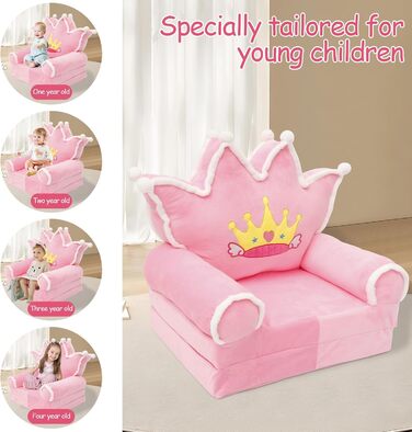 Дитяче крісло, зручний дитячий диван-ліжко, розкладний диванчик для малюків, легке дитяче крісло-шезлонг, портативний диванчик для дітей віком від 1 до 4 років (рожева хутряна корона з кульок)