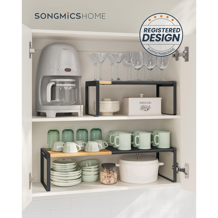 Стійка для спецій, набір з 2 шт. , висувна, кухонний органайзер, кухонна полиця, органайзер для шафи, тримач для спецій, кухня, невелика полиця, штабелюється, настільний органайзер, натуральний бежевий-чорний KCS051B01 2 натуральний бежевий чорнильний