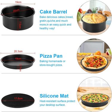 Набір аксесуарів для фритюрниці, набір аксесуарів для фритюрниці 8 дюймів 13 шт. для фритюрниць 3.8-5.5 л з рецептами, чашки для тортів з антипригарним покриттям, лоток для піци, силіконовий вкладиш для сковороди, форми для мафінів тощо.