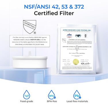 Глечик з фільтром для води, 1,5 л глечик з фільтром для води з фільтром на 3 місяці, сертифіковано NSF 53&42&372, зменшує кількість PFOA/PFOS, хлору, кадмію, міді, ртуті, WD-PT-72W
