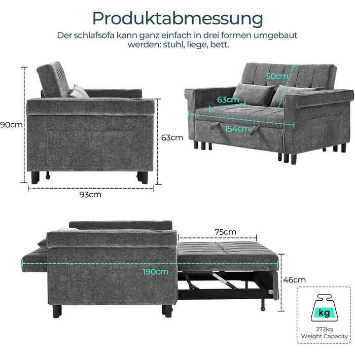 Розкладний диван LINSY HOME 3-в-1, 2-місний диван з функцією сну, розкладний диван-ліжко з шенілу з подушками, бічною кишенею та підставкою для чашок - спальне місце 120 x 190 см сірого кольору 120 x 190 см