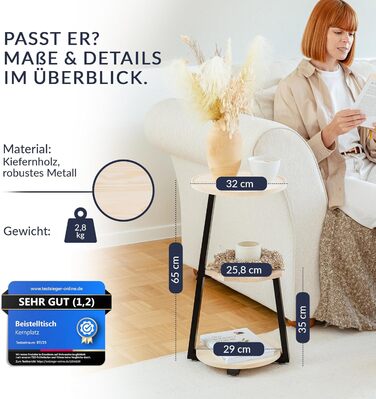 Круглий дерев&39яний журнальний столик ПЕРЕМОЖЕЦЬ ТЕСТУ з 3 полицями Край, що запобігає падінню, натуральний колір, декоративний столик та підставка для рослин для вітальні та спальні, високий столик поруч із диваном, ліжком та диваном