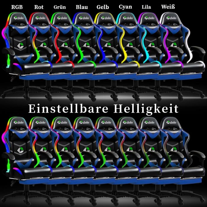 Ігрове крісло з RGB підсвічуванням, підставкою для ніг, ергономічною спинкою, подушкою для голови та масажем. Регульоване по висоті, для дорослих та дітей. Синій RGB-синій колір.