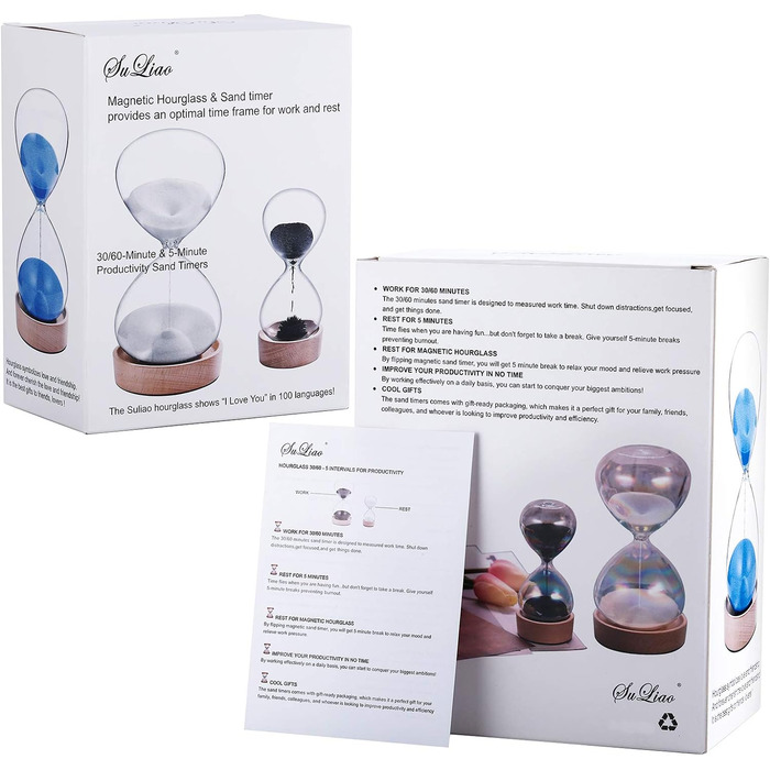 Пісочний годинник SuLiao для Uten, Поворотний на 720, Старовинний білий пісочний годинник, Вінтажний пісочний годинник 1 Hora Reloj de Arena, Великий метал, Пісочне скло, Офіс, Письмовий стіл, Дім, Весільне оформлення (Чорний, ЧОРНИЙ-30 хв і БІЛИЙ-5 хв)