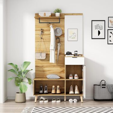 Шафа для одягу Ymkua настінна, шафа для передпокою з лавкою для взуття, дзеркалом і тумбою для взуття, шафа для одягу з 4 гачками