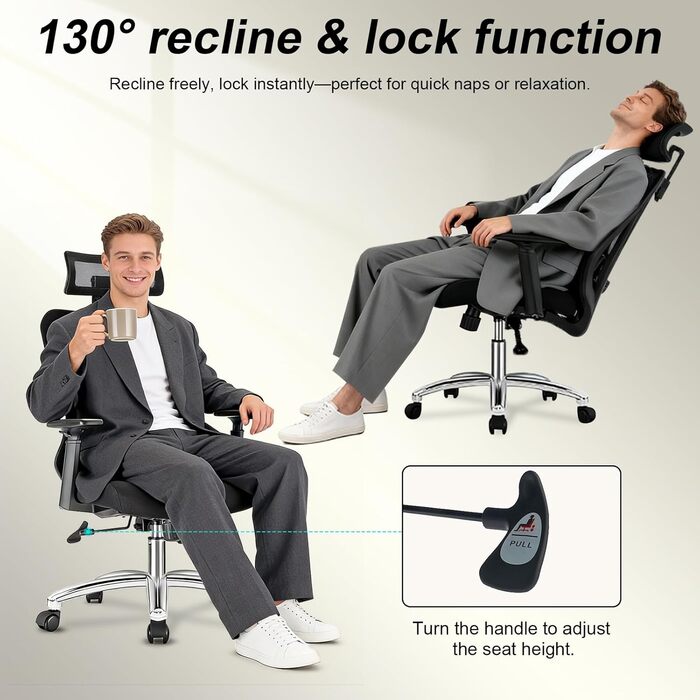 Ергономічне офісне крісло, робоче крісло з триступеневим фіксатором нахилу, обертове крісло з регульованим підголівником, підлокітниками та поперековою опорою, офісне крісло 150 кг