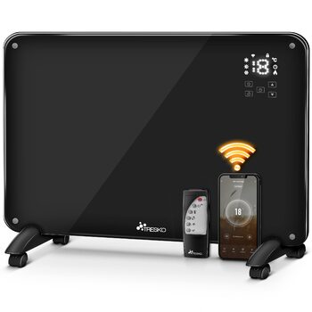 Конвекторний обігрівач TRESKO зі скляним додатком 2000 Вт, WiFi Електричний обігрівач з пультом дистанційного керування Конвекторний радіатор із сенсорним РК-дисплеєм Електричний радіатор, окремостоячий або настінний, чорний