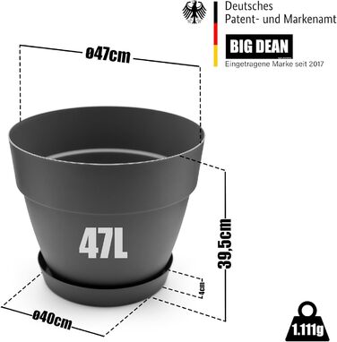 Горщик для квітів з блюдцем круглий ø47 см в антрацитовому кольорі - кашпо підходить для внутрішнього та зовнішнього використання