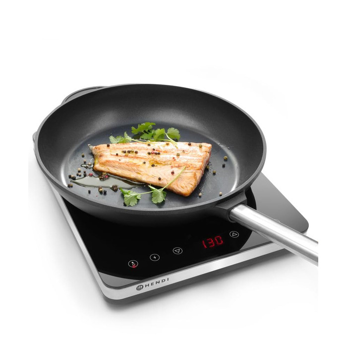 Індукційна плита HENDI, модель 2000, варильна поверхня, керамічна скляна поверхня, сенсорне управління, для сковорідок з діаметром дна до ø260мм, 230В, 2000Вт, 296x370(В)46мм, нержавіюча сталь 2000 Вт