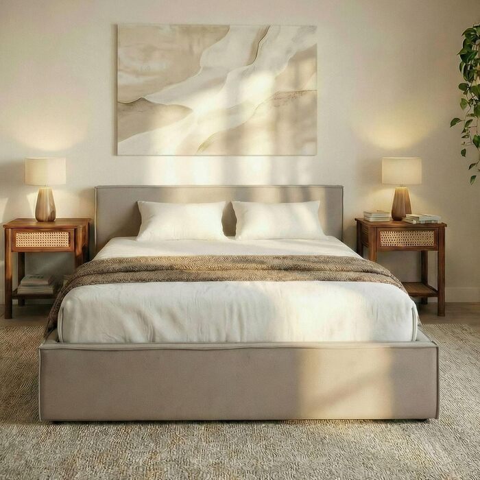 Ліжко IDIMEX Pesaro з м&39якою оббивкою 140x200 см, сірий колір каркас ліжка з рейковою основою, міцний чохол з тканини під лляну тканину, сучасне двоспальне ліжко з узголів&39ям для спальні