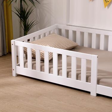 Дитяче ліжко ecomi 80x160 із захистом від падіння, Ліжко на підлогу, Дитяче ліжко з рейковою основою для дівчаток та хлопчиків, Масив сосни білого кольору, 80 x 160 см, Білий