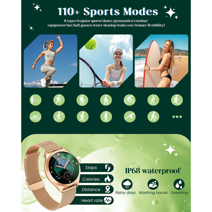 Золотий смарт-годинник для жінок, круглий смарт-годинник для жінок, металевий браслет з функцією телефону, крокомір, монітор сну, серцевий ритм, кров&39яний тиск, водонепроникний 1,27 дюйма, маленький тонкий сенсорний екран, спортивний фітнес-годинник