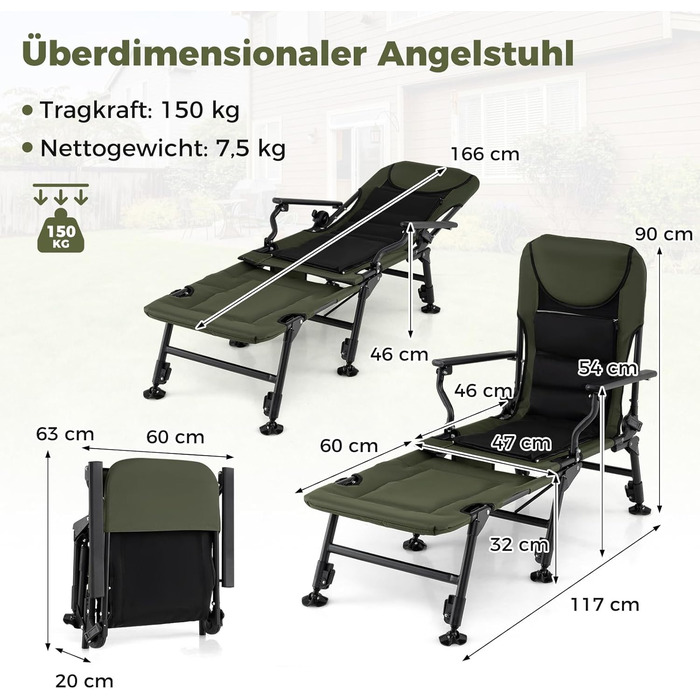 Рибальське крісло COSTWAY зі знімною підставкою для ніг, кемпінгове крісло з регульованою спинкою та м&39якою високою спинкою, регульоване по висоті коропове крісло, складне рибальське крісло для кемпінгу, риболовля в наметі
