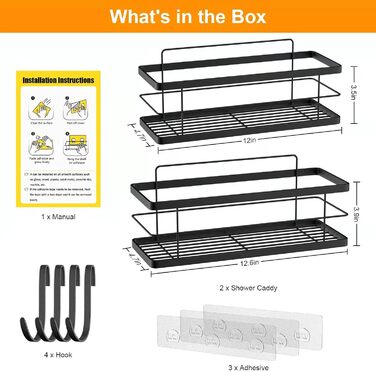 Полиця для душу, 2 шт. и, нержавіюча, нержавіюча сталь 304, настінний кронштейн, кошик для душу, без свердління, самоклеюча полиця для зберігання у ванній кімнаті з 4 гачками для ванної, кухні та дому, матовий чорний