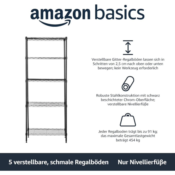 Вузька шафа для зберігання Storeo Basics з 5 полицями, регульованими по висоті полицями та ніжками, чорна, 60,1 x 35,6 x 152,4 см, без коліс Чорна 5 полиць 60,1 x 35,6 x 152,4 см Без коліс