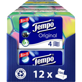 Оригінальні носові хустинки Tempo Duo Box - Value Pack - 12 коробок, 100 серветок в коробці - дуже міцні, м'які паперові носові хустки, можна прати в пральній машині