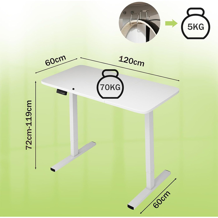 Ігровий стіл з регульованою висотою, комп&39ютерний стіл з регульованою висотою та акумуляторним USB-двигуном, стіл з електричним регулюванням висоти, сучасний дизайн столу для роботи стоячи 120 x 60 x 72-119 см