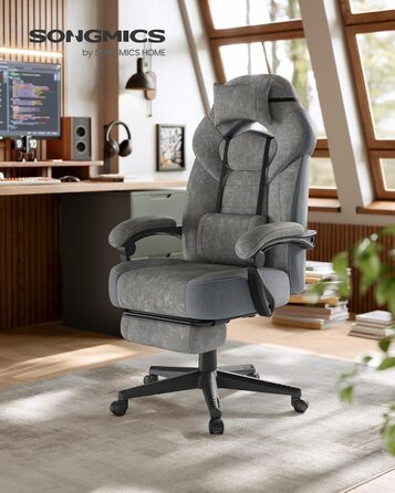 Ігрове крісло SONGMICS, офісне крісло, комп&39ютерне крісло, ергономічний дизайн, з підставкою для ніг, регульований підголівник, поперекова підтримка, вантажопідйомність 150 кг, сірий сланцевий колір OBG077G01, штучна замша сланцево-сірого кольору