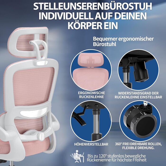 Ергономічне офісне крісло TRALT - Офісне крісло з регульованою поперековою опорою та підголівником, Ігрове крісло - Офісне крісло - Крісло для столу, Крісло для домашнього офісу, Ергономічне, Вага вантажопідйомність 150 кг, для високих людей, Рожеве