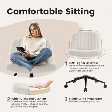 Офісне крісло IWMH без підлокітників, регульоване по висоті поворотне крісло з колесами, письмове крісло з оббивкою з тканини Teddy, крісло для читання з ширшою подушкою для сидіння зі схрещеними ногами (біле з колесами) Teddy White з колесами