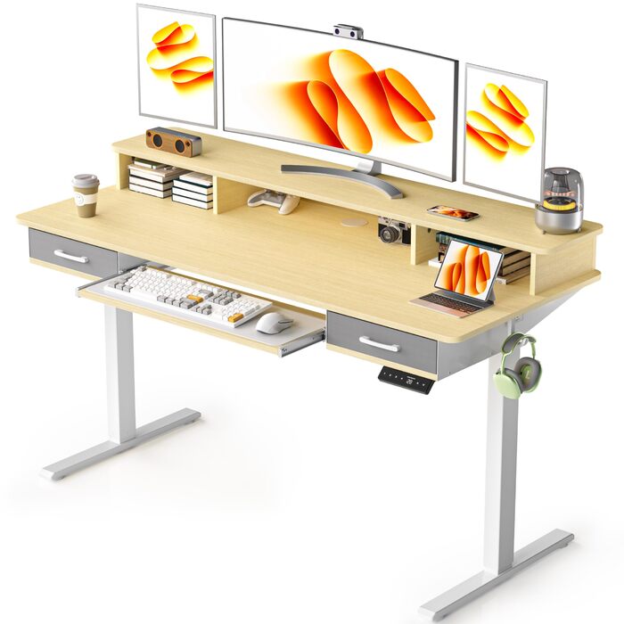 Електричний стіл з регульованою висотою та підставкою для клавіатури, 140x60 см, з 2 шухлядами, комп&39ютерний стіл з підставкою для монітора для домашнього офісу, дуб, 140 x 60 см з підставкою для клавіатури