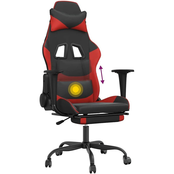 Геймерське крісло з функцією масажу, чорно-червона штучна шкіра, регульована висота, 66 x 56 x 120-131 см, функція відкидання спинки, підставка для ніг, міцне спортивне крісло для домашнього офісу, кабінету за ПК, 66 x 56 x (120,5-131) см (Ш x Г x В), чер
