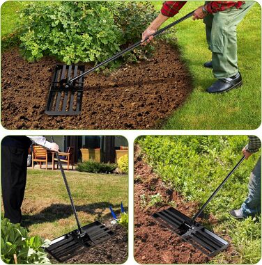 Вирівнювальний граблі Rasen Rakel з нержавіючої сталі для видалення піску та підсипки газону, 75x25 см, ручка 200 см - чорний