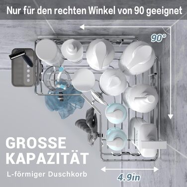 Полиця для душу FINIBO, не потребує свердління, 2 самоклеючі кутові органайзери для ванної кімнати, полиця для душу з нержавіючої сталі з 4 гачками та 2 тримачами для зубної пасти, чорний душовий кошик, кошик для душу для ванної кімнати та кухні, срібляст