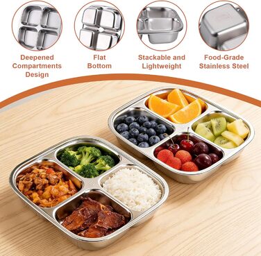 Набір з 2 контейнерів для перекусів з роздільниками, нержавіюча сталь, 17,5x17,5x4,5 см, 600 мл. Контейнер з 4 відділеннями та пластиковою кришкою, штабельовані, для зберігання їжі, сендвічів, для школи, роботи (4 відділення)