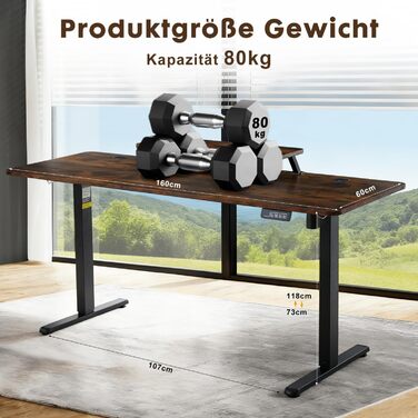 Стіл з регульованою висотою 160 x 60 см, Електричний стіл з регулюванням висоти, Ігровий стіл з підставкою для монітора, Стіл для роботи стоячи, Регульований комп&39ютерний стіл, Коричневий