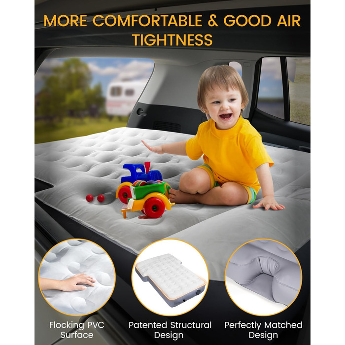 Надувний автомобільний матрац, матрац для позашляховика в багажник автомобіля, з ПВХ-флоком, портативний, універсальний з подушкою та вбудованим насосом для подорожей, універсалів, кемпінгу