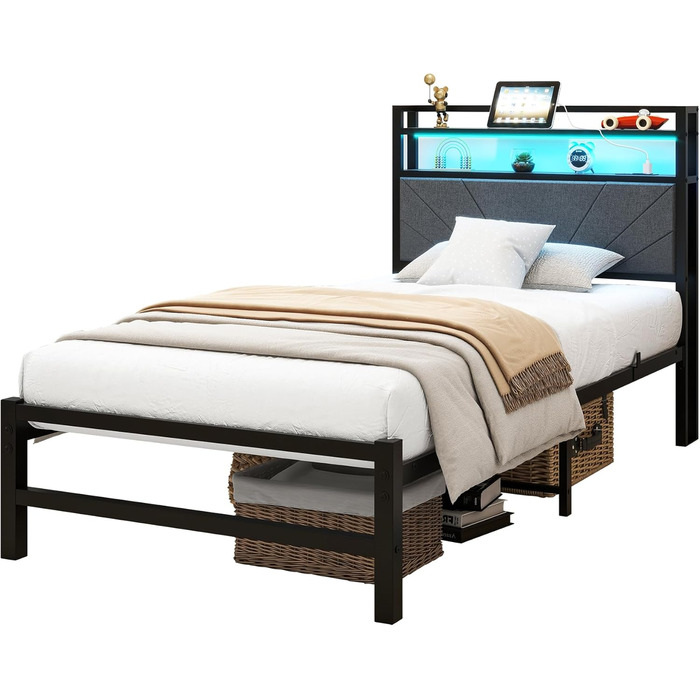 М&39яке ліжко 90x200 см, металеве ліжко, односпальне ліжко, каркас ліжка зі світлодіодним освітленням та зарядною станцією, каркас ліжка з місцем для зберігання речей, дитяче ліжко, гостьове ліжко, каркас ліжка з узголів&39ям, темно-сірий колір 90 x 200 с