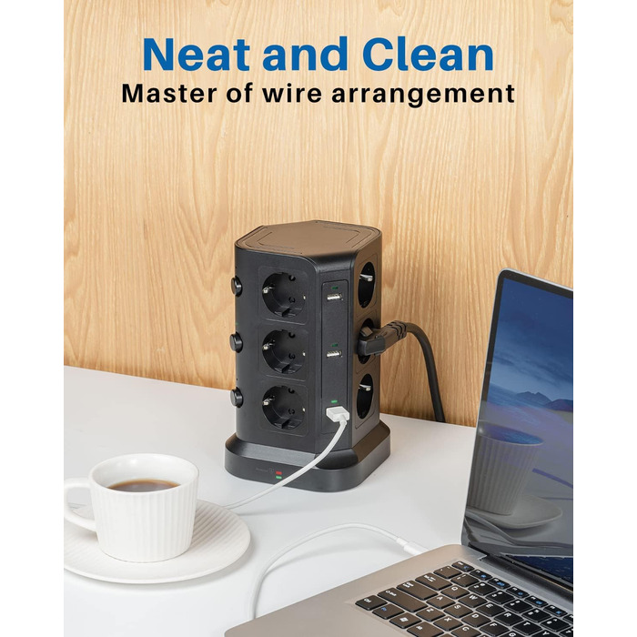 Шляховий подовжувач (4000 Вт/16А), 6 USB-розеток із захистом від перенапруги, індивідуально перемикається розетка для офісного кух