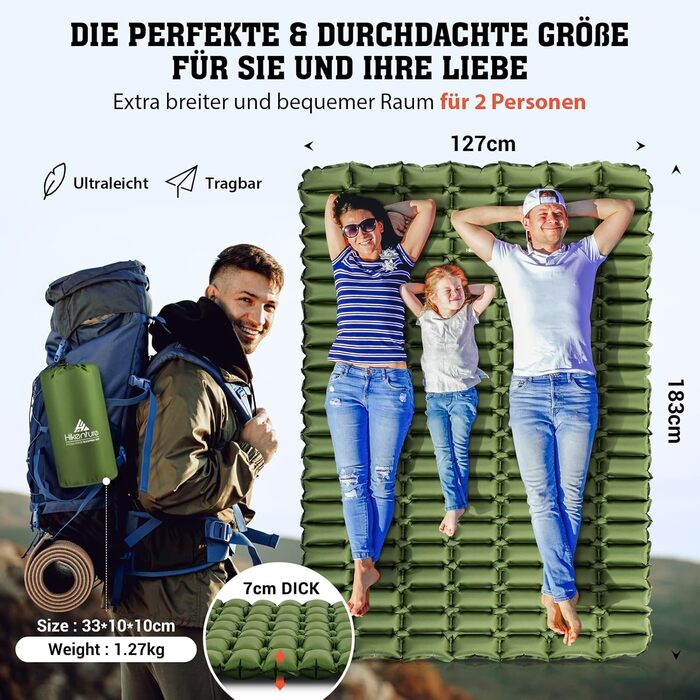Килимок для кемпінгу HIKENTURE для 2 осіб, подвійний килимок для сну, надлегкий, надувний повітряний матрац, невеликий розмір упаковки з мішком-насосом, компактний килимок для сну, килимок для кемпінгу для активного відпочинку, походів, пляжу - зелений