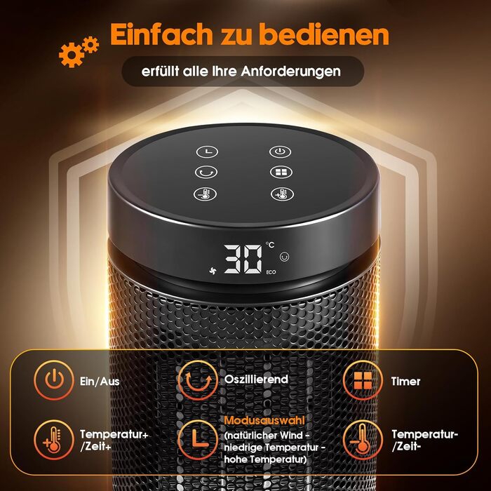 Енергозберігаючий електричний вентилятор-обігрівач, керамічний PTC 2000 Вт, 4 режими, 24-годинний таймер, портативний обігрівач з термостатом та пультом дистанційного керування, захист від перегріву та перекидання для спалень та віталень