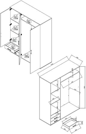Шафа LYSS, біла з шухлядами - Універсальна 3-дверна шафа для спальні білого кольору, ефект дуба Сан-Ремо - 155 x 194 x 58 см (Ш/В/Г) Ширина 155 см Білий дуб Сан-Ремо
