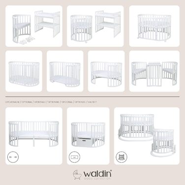 Дитяче ліжко Waldin Oval, комплект трансформованого 7-в-1, ліжечко, дитяче ліжко з матрацом, пеленальний столик, приліжкове ліжечко, дерево білого кольору, комплект тканини не входить до комплекту