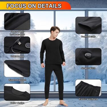 Комплект спідньої білизни з підігрівом для чоловіків та жінок, зарядка через USB, 42 зони, інтелектуальний підігрів верху та низу, розміри S/4XL, чоловіча спідня білизна з підігрівом на 42 зони, чорний колір, розмір 4XL